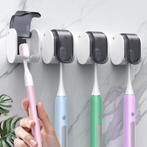4 Pcs Toothbrush Holders Wall Mounted, Single Slot Design, Shower Self Adhesive Wall Mounted Toothbrush Holder with Cover, Waterproof and Dustproof, Suitable for Bathroom, Family, Travel (Grey) by LUWUIDEN