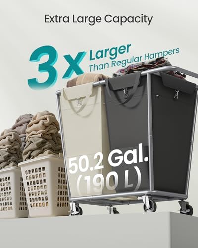SONGMICS 2-Section Laundry Basket with Wheels, 50.2 Gallons (190 L) Hamper - Image 3