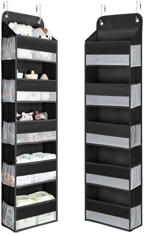 Yecaye 1 Pc Over the Door Organizer with 5 Bins 10 Side Pockets, 44lbs Load Hanging Bathroom and Bedroom Organizer, behind the Door Hanging Organizers for Nursery Newborn Baby Essential Stuff Black by Yecaye