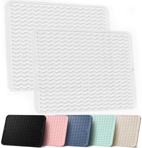 2 Pack Silicone Dish Drying Mat for Kitchen Counter Dining Placemats Coffee Bar Accessories Waterproof Pet Litter Dog Food Supplies Laundry Room Organization Large 18"x16" Transparent by AOTASO