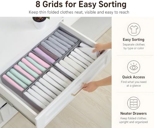 Qozary 4 Pack Drawer Organizers for Clothing, 8 Grids Foldable Closet Organizers and Storage Bins for Bedroom, Dresser Organizer Boxes for Thin T-shirts, Tank Tops, Camisoles, Tights, Leggings - Image 2