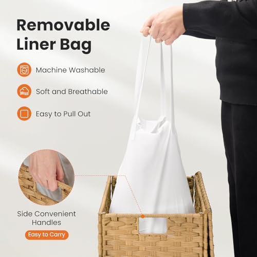 DUMOS Woven Laundry Basket with Lid, 90L Large Capacity Hamper, Removable & Machine-Washable Liner, Foldable Rattan Clothes Hamper, Sturdy Steel Frame, Odor Control, Goose Yellow - Image 3