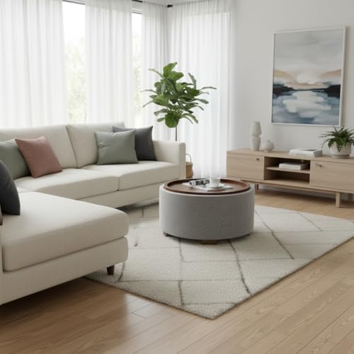 Zihanhome 30 Inch Round Storage Ottoman, Ottoman Coffee Table with Lift Off Lid, Boucle Modern Ottomans with Storage for Living Room, Bedroom, Apartments (Light Grey) - Image 4