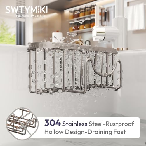 SWTYMIKI Sponge Holder for Kitchen Sink - Movable Kitchen Sink Caddy with M Hook Stainless Steel Hanging Sponges Caddy Organizer in Double Bowl Sinks Depth>3.15in, Middle Divider<1.5in, Sand Nickel L - Image 4