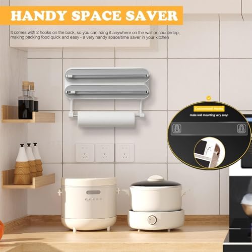 Magnetic Plastic Wrap Dispenser with Cutter - Refillable Aluminum Tin Foil and Plastic Wrap Organizer for Kitchen, Quasziwa Upgraded 3 in 1 Paper Towel Holder Wall Mount - Fits 12" Roll, White - Image 4