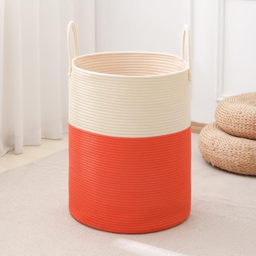 Woven Laundry Hamper Tall Rope Storage Basket for Blanket oys Dirty Clothes in Living Room Bathroom Bedroom (White&Orange, 100L/26.4Gal) by AMTOTAM