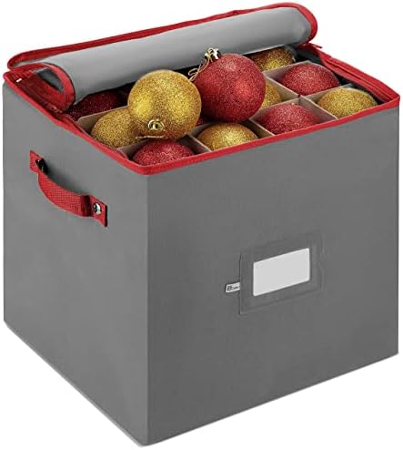 ZOBER Christmas Ornament Storage Box - Stores 64 3" Ornaments, With Dividers - Ornament Organizer Storage Box, Durable Christmas Containers Holder, Dual Zipper - Gray by ZOBER