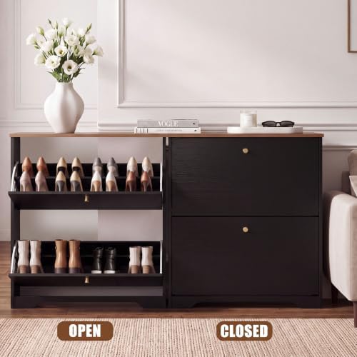 Nicetree 2 Flip‑Drawer Shoe Cabinet,Walnut Top,9.5" Deep, Light Black - Image 5