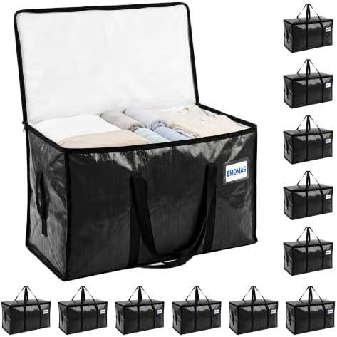 12 Pack Heavy Duty Moving Bags, Extra Large with Handles, Black by EMOMAS