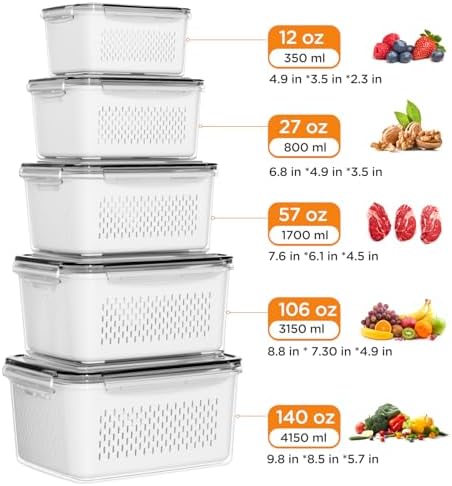 5-Pack Fruit Storage Containers for Fridge with Removable Colanders, 4 in 1 Produce Storage Containers with Lids, Leakproof Fridge Organizer Bins for Salad Berry Lettuce Vegetables Meat Keeper Fresh - Image 5