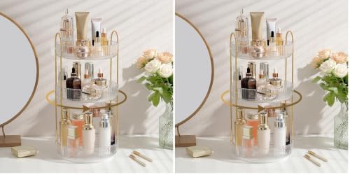 Aveniee 3-Tier 360° Rotating Makeup Organizer, Clear Spinning Perfume Cosmetic Storage for Vanity Countertop, Sturdy Metal Pole Skincare Holder Stand for Bathroom Dresser, White (Pack of 2) by Aveniee