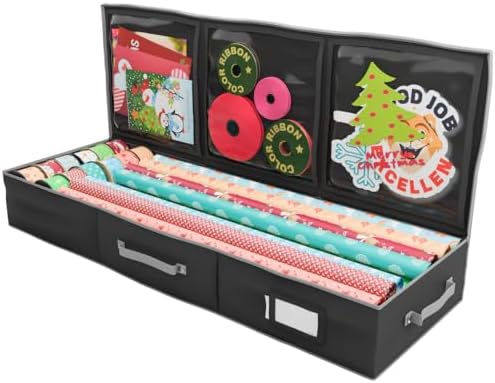 Wrapping Paper Storage Container | Gift Wrap Organizer Under Bed | 41”x14”x6” | Box Holder for 18-24 Rolls Up to 40” | 600D Oxford Material | Pockets for Ribbon, Bows, and Accessories (Black) by Primode