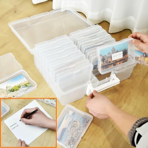 ALINK Photo Storage Box with Handle, 4" x 6" Photo Case Craft Keeper Organizer Container with 16 Inner Case and Label for Pictures, Arts, Crafts, Sewing, Stickers, Office Supplies - Clear - Image 3