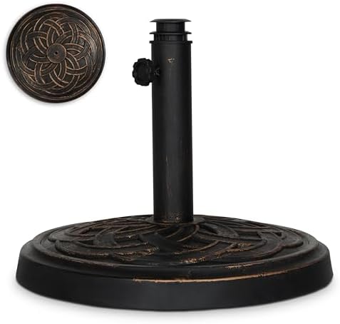 Backyard Expressions Round Heavy Duty Patio Umbrella Base – Weather Resistant Calcium Carbonate Resin with Bronze Weave Design – Fits 1.5" to 2" Poles, Easy Assembly, UV & Fade Resistant by BackyardExpressions