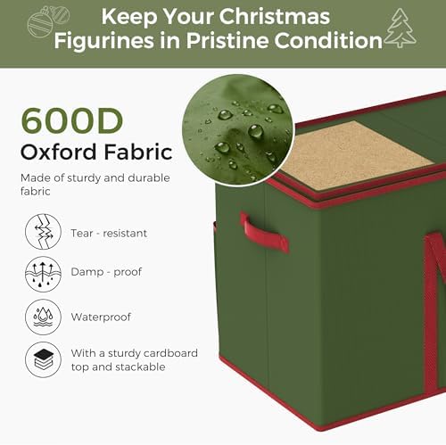 Christmas Figurine Storage Box for 15-Inch Figurines and Nutcrackers, Holiday Decor Organizer with Adjustable Dividers, 8 Slots and 2 Pockets, Dual Zippers, 600D Oxford, 24.8"x12.2"x15.2" ,Green - Image 4