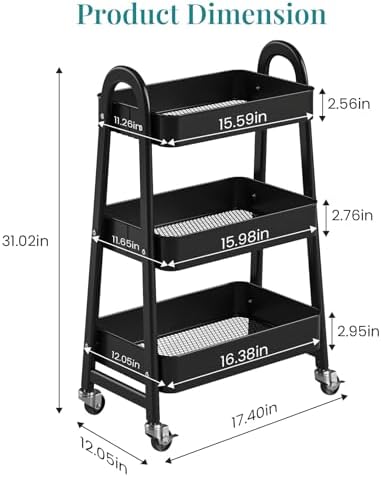 OLIXIS Metal 3 Tiers Rolling Storage Utility Cart with Lockable Wheels - Image 2