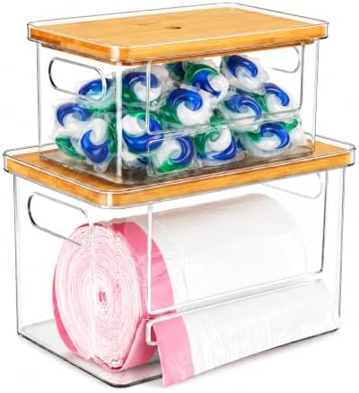 2-in-1 Stackable Trash Bag Dispenser & dishwasher pod holder with Wooden Top – Garbage Bag Holder for 13-33 Gallon Bags – Trash Bag Dispenser Under Sink with Anti-Slip Base for Laundry Detergent Pods by COZYCRAZE