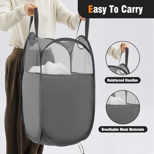 TECHMILLY Pop Up Foldable Laundry Basket, Mesh Laundry Hamper with Reinforced Handles for Dirty Clothes Storage in Dorm, Laundry Room, Bathroom, Grey(Fabric) - Image 3