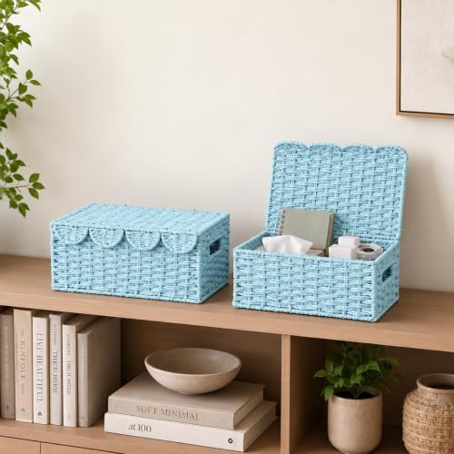 Set of 2 Scalloped Baskets, Paper Rope Wicker Baskets with Lids, Blue - Image 5