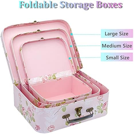 Paperboard Suitcases Set of 3 Decorative Storage Boxes With Lids, Gift Boxes With Lids For Presents, Compatible with Travel Dollhouses, Wedding Card Box or New Year Decorations (Pink Flowers) - Image 4