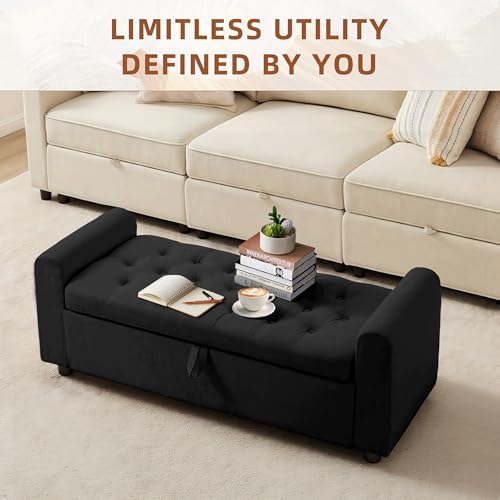 48" Ottoman with Storage, Tufted Storage Ottoman Bench, Convenient Living Room Fabrics Bench Seat, Entryway Shoe Benches with Inner Zipper & Arm, Rivetless Upholstered Window Seat Ottomans, Black - Image 5