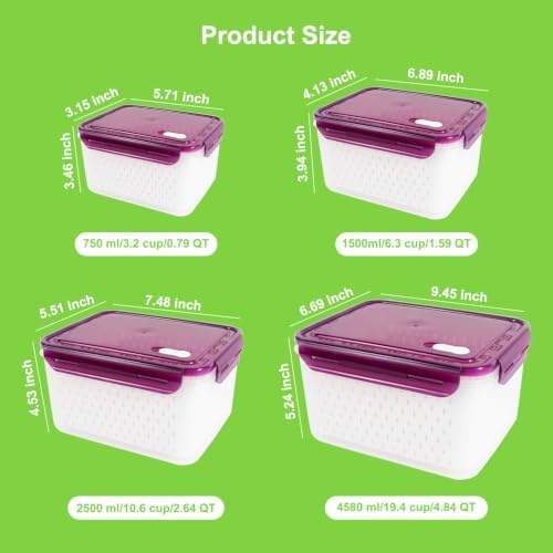 4Pack Fruit Storage Container for Fridge with Colander and Vent - Purple - Image 3
