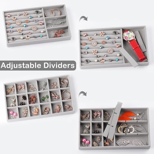Jewelry Trays,Grey Velvet Stackable Organizer Trays,Drawer Inserts Jewelry Display Case For Rings Stud Necklaces Earring Organizer Tray for Women Girls-8 Pack - Image 4