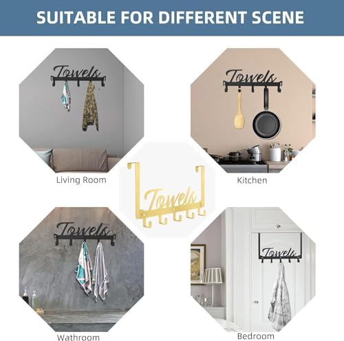 Azmoncy Over The Door Hooks - Heavy Duty Towel Rack with 5 Coat Hooks for Bedroom Kitchen, Gold Bathroom Decor - Image 5