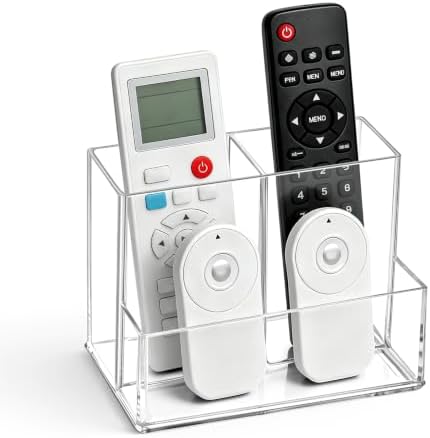 Vowcarol Clear Acrylic Remote Control Holder, 3 Compartments (2 Tall + 1 Low), Small Footprint, Tabletop Storage for TV, AC & Small Items by Vowcarol