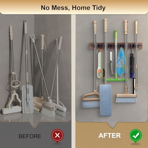 2 Pack Broom Holder Wall Mount With 5 Slots & 4 Hooks，Rustic Wood Broom & Mop Hanger，Wall Mounted Garden & Garage Tool Storage Organizer Rack for Closet Laundry Room or Kitchen Wall Decor White - Image 7