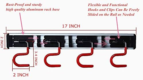Wall Mounted Mop and Broom Holder Stainless Steel S Type Broom Rack Anti-Slip Mop Organizer (17 Inches,4 Positions 3 Hooks, Red black) - Image 2