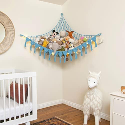 Abby Baby Extra Large Stuffed Animal Storage Hammock Corner with LED Lights – 25LB Capacity Hanging Toy Net for Small or Large Plushies, Boho Macrame Squishmallow, Plush Net, Blue - Image 2
