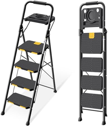 KINGRACK 4 Step Ladder with Tool Platform, Folding Step Stool with Wide Pedal, Safety Locking, Sturdy Steel Ladder Portable Safety Ladder for Painting Home Outdoor Garage by KINGRACK