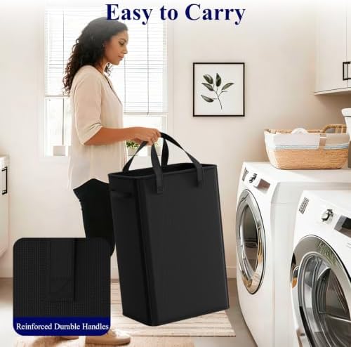 Optish 75L Slim Laundry Hamper, Large Laundry Basket With Handles, Black Narrow Laundry Basket for Dorm, Bedroom, Living Room, Collapsible Laundry Hamper - Image 5
