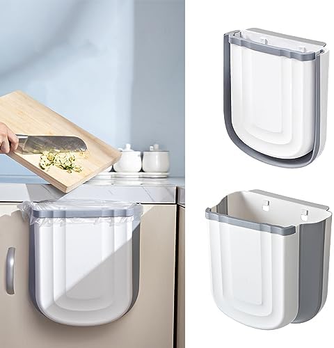 2 Pack Kitchen Hanging Trash Can, 2.4 Gallon / 9L Collapsible Waste Bin, Small Kitchen Compost Bin for Food Scraps, Wall Mounted Garbage Can for Bathroom, Car, RV（Grey） - Image 2