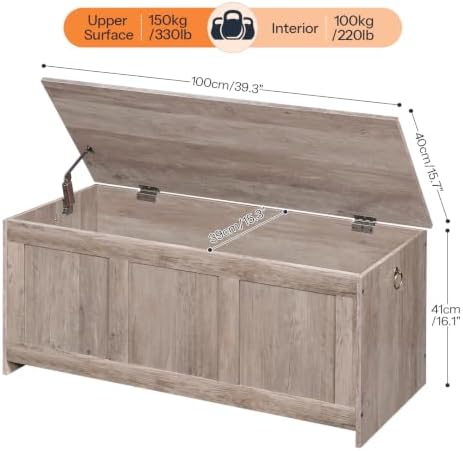 HOOBRO Storage Bench, 39.3" Retro Wooden Storage Chest, Wooden Storage Trunk, Toy Chest with Lift Top, Multifunctional Entryway Organizer, for Entryway, Living Room, Greige BG141CW01G1 - Image 3