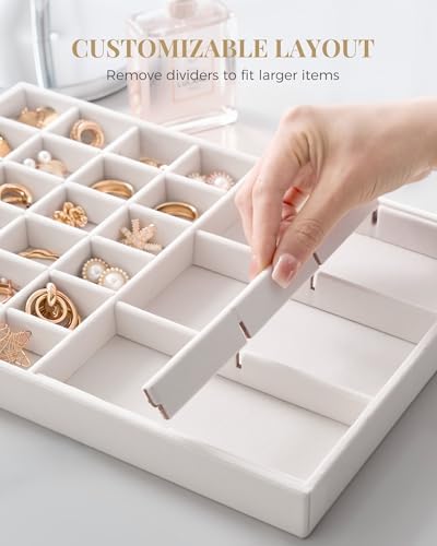 Lolalet Jewelry Drawer Organizer Inserts, Stackable Velvet Tray Jewelry Storage Organizers Set Display Cases for Necklaces Bracelets Earrings Rings Chains Bangles Watches, Beige, Set of 2 - Image 6