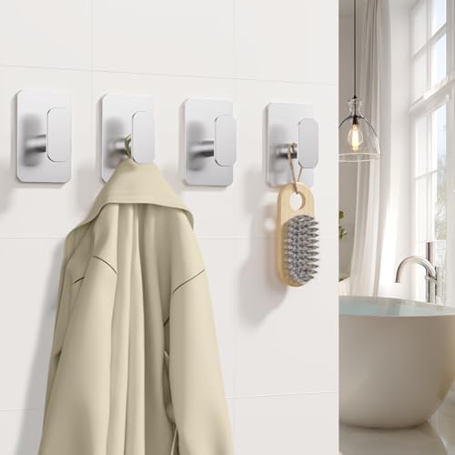 Large Heavy Duty Wall Hooks - 26lb Max, Stainless Steel Adhesive Towel Hooks for Hanging Towel, Coat, Robe, Hat, Sticky Towel Holder for Wall Mount in Bathroom, Shower, Kitchen(Silver, 4 Pack) - Image 3