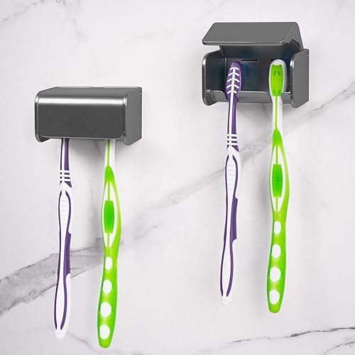 2 PCS Toothbrush Holder Wall Mounted with Cover for Bathroom, 2 Slots Toothbrush Storage Organizer for Shower, Self Adhesive Toothbrush Hanger Rack for Dorm, Cabinet (Brushed Grey) by LUEXBOX