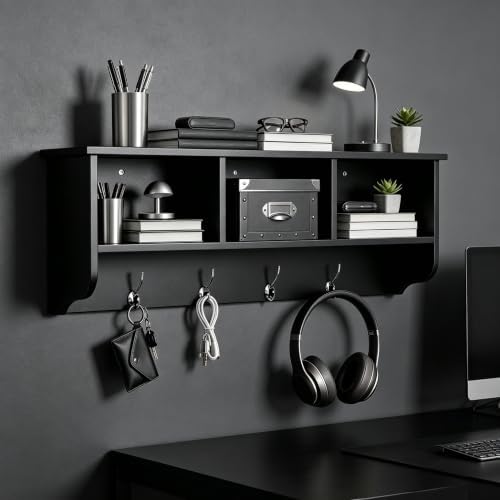 38.6inch Wall Mounted Entryway Coat Rack with Storage Shelf 4 Dual Hooks Wooden Storage Living Room Wall Cabinet with 3 Cubbies Space Saving Hanging Shelf for Hats Bags Coats (Espresso) - Image 3