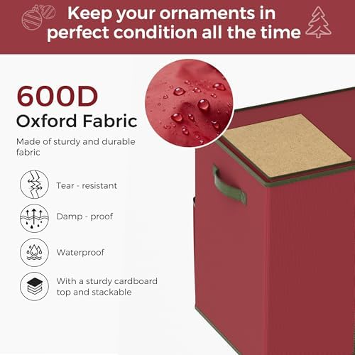 160-3” Large Christmas Ornament Storage Box, Dual Zippers, Stackable Christmas Storage Container with Lid, 6 Trays, 600D Oxford, 160-3”, Red - Image 4
