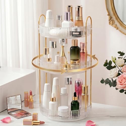 Aveniee 3-Tier 360° Rotating Makeup Organizer, Clear Spinning Perfume Cosmetic Storage for Vanity Countertop, Sturdy Metal Pole Skincare Holder Stand for Bathroom Dresser, White (Pack of 2) - Image 3