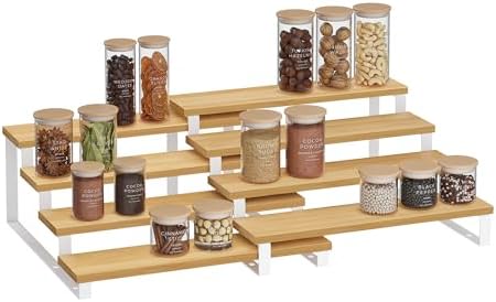 SONGMICS Display Risers, Set of 2 Engineered Wood Perfume Organizer Stand, 4-Tier Cupcake Stand Holder, Spice Rack, Shelf Risers for Figures, Dessert Shelves, Natural Beige and Cloud White UKCS216N02 - Image 7