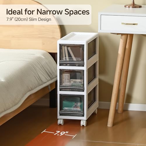 Plastic 3 Drawer Storage Organizer, Narrow Plastic Storage Drawers with Wheels, Storage Cart with Drawers for Small and Narrow Space, 7.87-inch Wide (gray) - Image 3