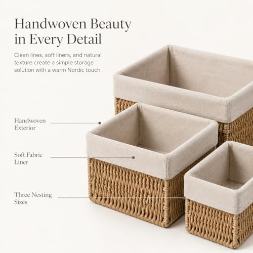 Wicker Storage Baskets Set of 3, Bathroom & Shelf Bins - Image 4