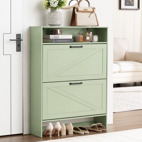RWYHG Shoe Cabinet with 2 Flip Drawers, Narrow Entryway Organizer,Green by RWYHG