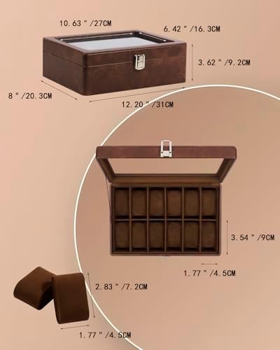 GUKA Watch Case, 12 Slot Watch Box with Large Real Glass Lid, Watch Organizer with Removable Watch Pillow, Brown Retro Synthetic Leather Watch Display, Brown - Image 5