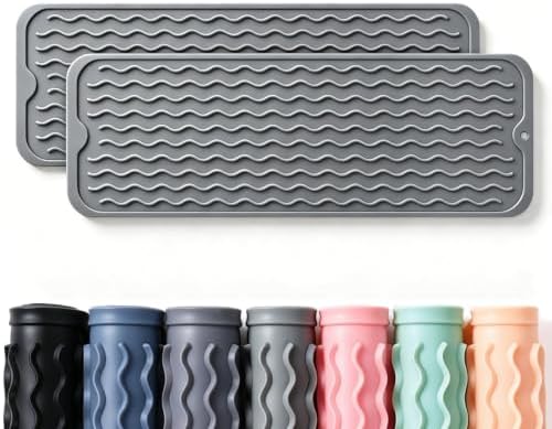 2 Pack Caketime Silicone Dish Drying Mat for Kitchen Counter Waterproof Under Sink Near Faucet with Bathroom Coffee Organizer Soap Holder New Home Essentials Drainers 17"x6" Gray by CAKETIME