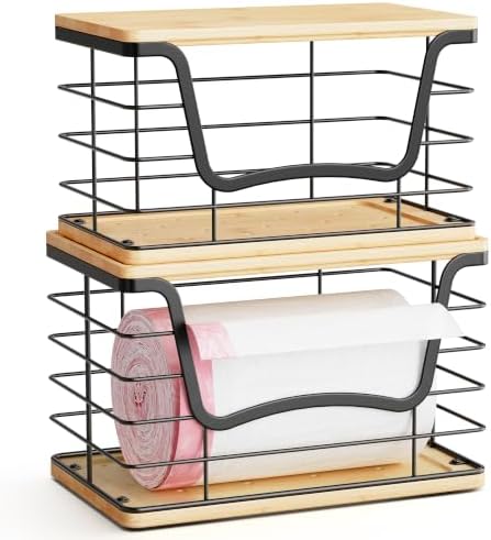 ALOCEO 2 Pack Large Trash Bag Holder for 13/30/33 Gallon Bags, Potato and Onion Storage Baskets with Bamboo Lid, Stainless Steel Stackable Storage Bins for Kitchen Laundry Pantry Room, Black - Image 6