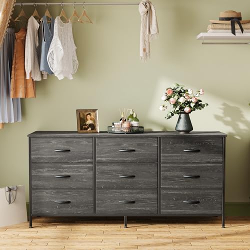 Huuger 9 Drawer Dresser, 47 Inch TV Stand for 50, 55 Inch TV, Entertainment Center with Drawers, Fabric Dresser Chest of Drawer for Bedroom, Closet, Charcoal Black Wood Grain Print - Image 6